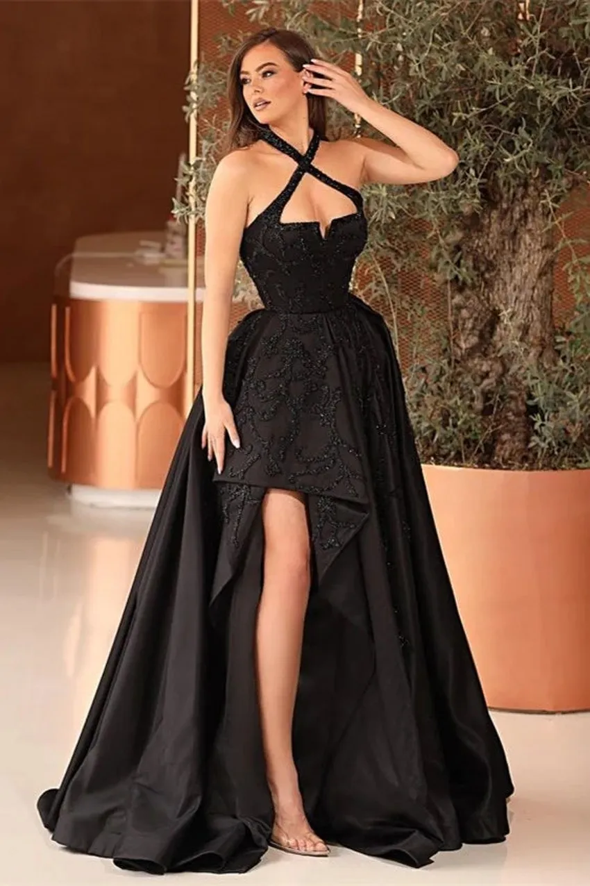 Black A-Line Evening Dress with Halter Neck, Ruffle Applique, Detachable  Train, Satin Fabric, and Built-in Bra Formal Gown from Dhgate Evening  Dresses - price 300.52