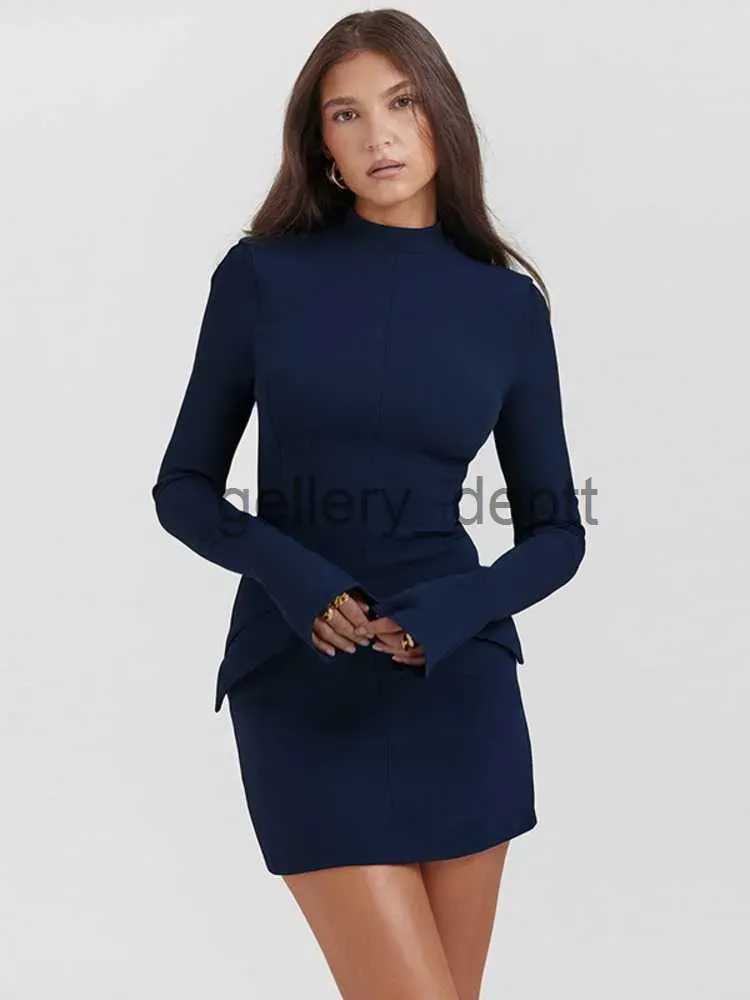 Elegant Club Party Dress J230925 Basic Casual Dress Mozision Dark Blue Double Pocket Sexy Mini Women's Dress 2023 Autumn and Winter New Long Sleeve Bodycon