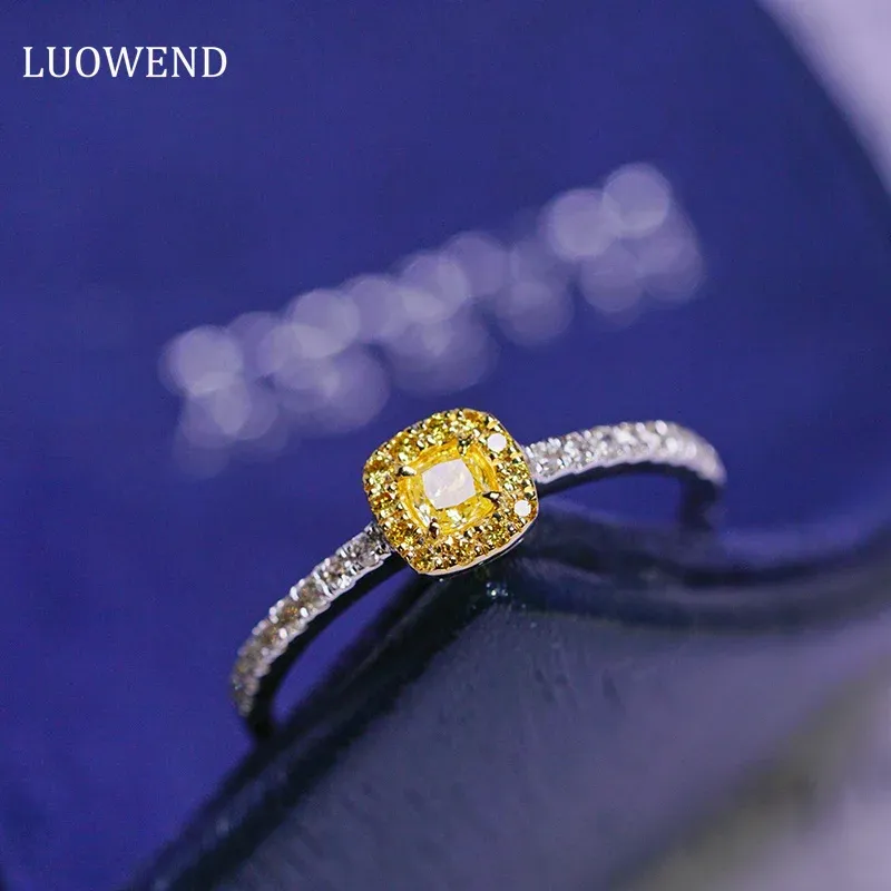 Anéis luowend 18k anéis de ouro branco 0.40 quilates real natural amarelo diamante anel de noivado para mulheres casamento luxo design quadrado