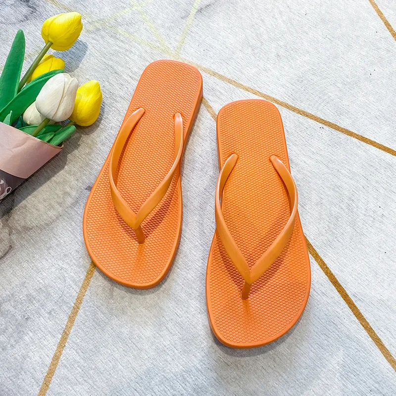 Semelle souple antidérapante couleur unie tongs pantoufles chaussures de plage sandales d'été orange