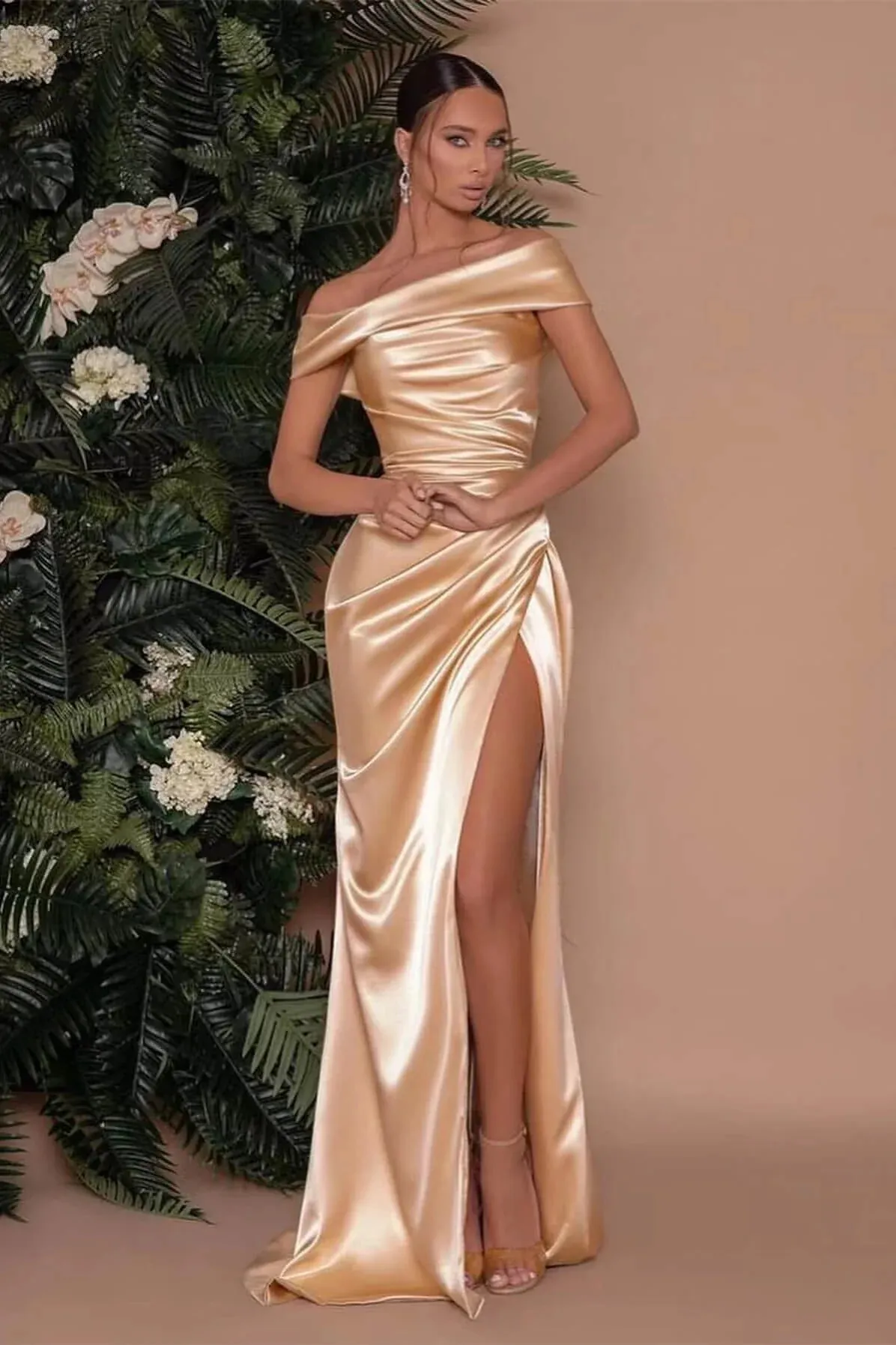 gold off shoulder bridesmaid dress Off Shoulder Ruched Front Draped Side Metallic Party Dress – Elonnashop