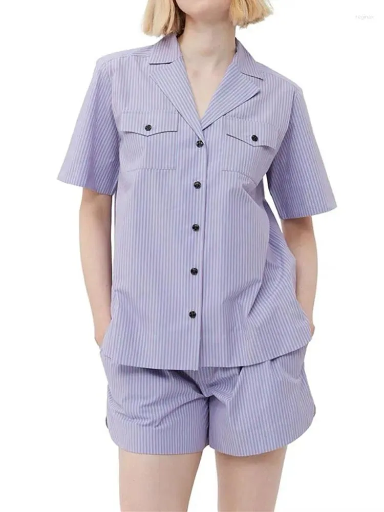 Tute da donna Camicetta o pantaloncini viola a righe da donna Set 2024 Camicia monopetto da donna con intaglio Elastico Pantaloni corti casual Tute