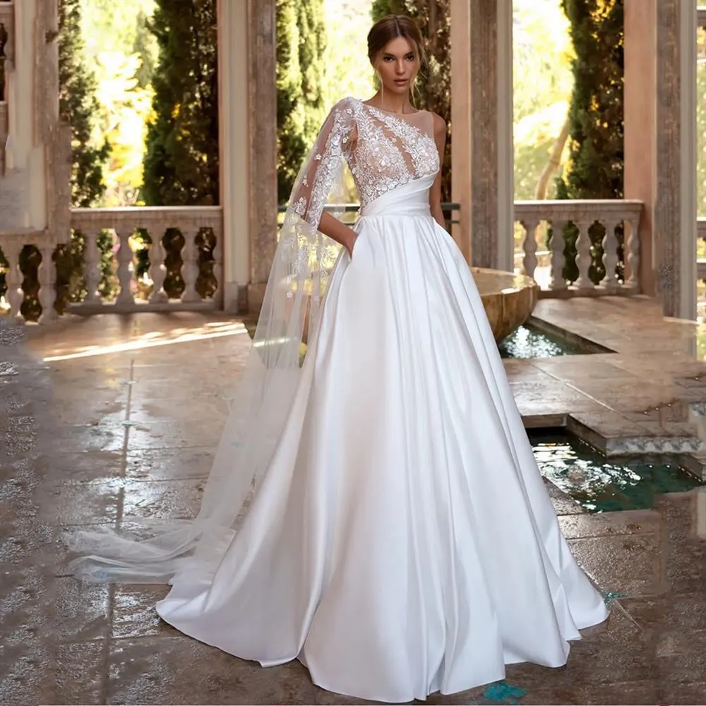 Satin Church Wedding Dress Elegant Crystals Pearls Vintage Bride 2024