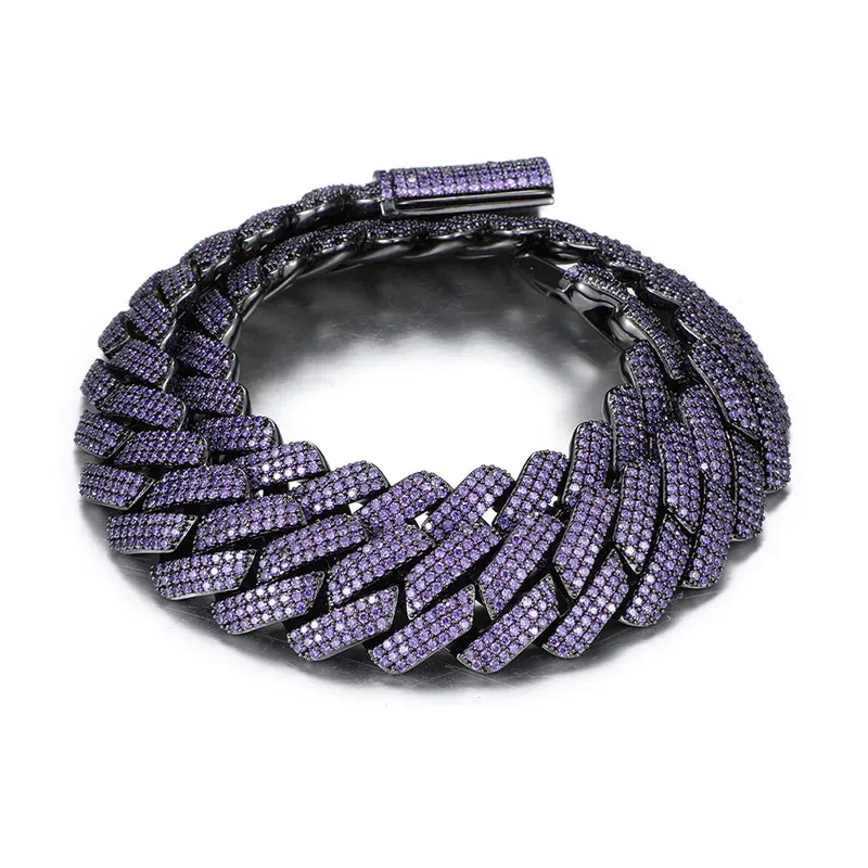 Halsband Hip Hop 3 rader Purple Cz Stone Bling Ice Out 20mm Big Heavy Black Square Cuban Miami Link Chain Halsband för män Rapper smycken