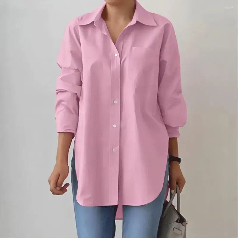 Kadın bluzları Lady Rahatlama Şık Bahar Gömlek Dönüş Yastalı Uzun Kollu Düzensiz Kenti veya Ofis Giyim Polyester