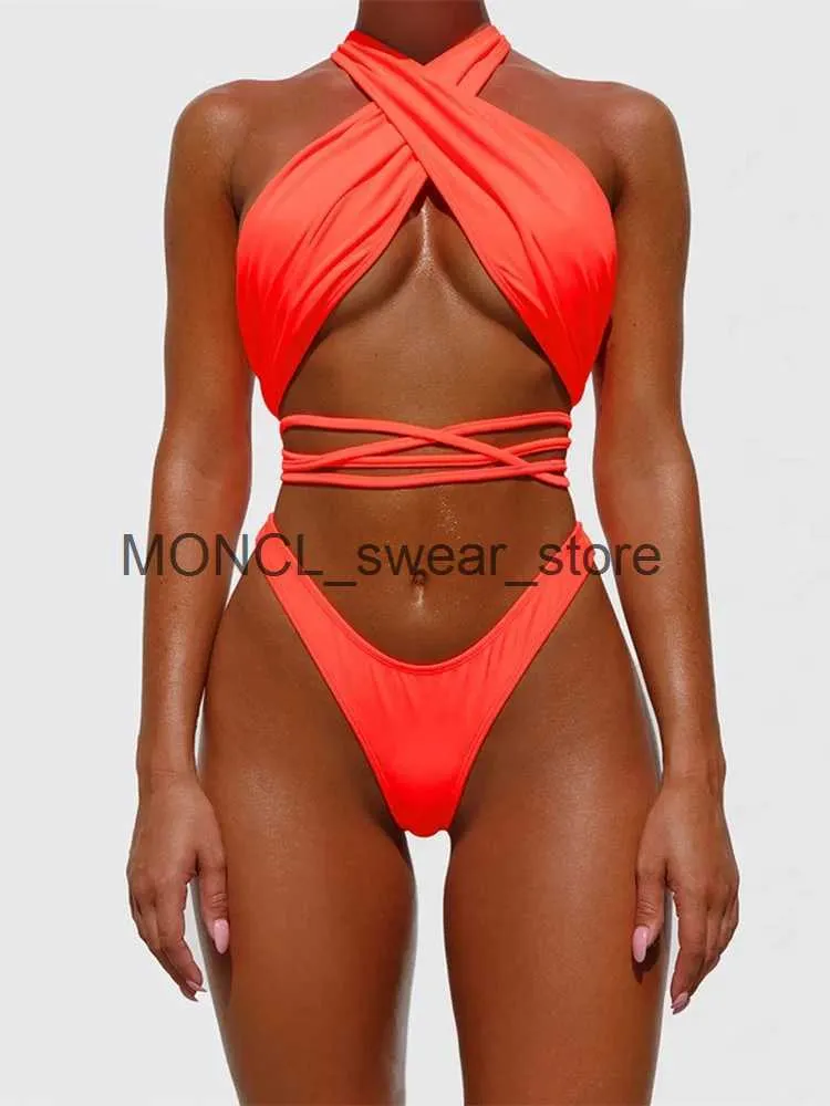 Dames Badmode Sexy Bandage Bikini 2023 Dames Neon Gradiënt Push Up Criss Cross Bikini Set Badpak Strandkleding ZwempakkenH24222