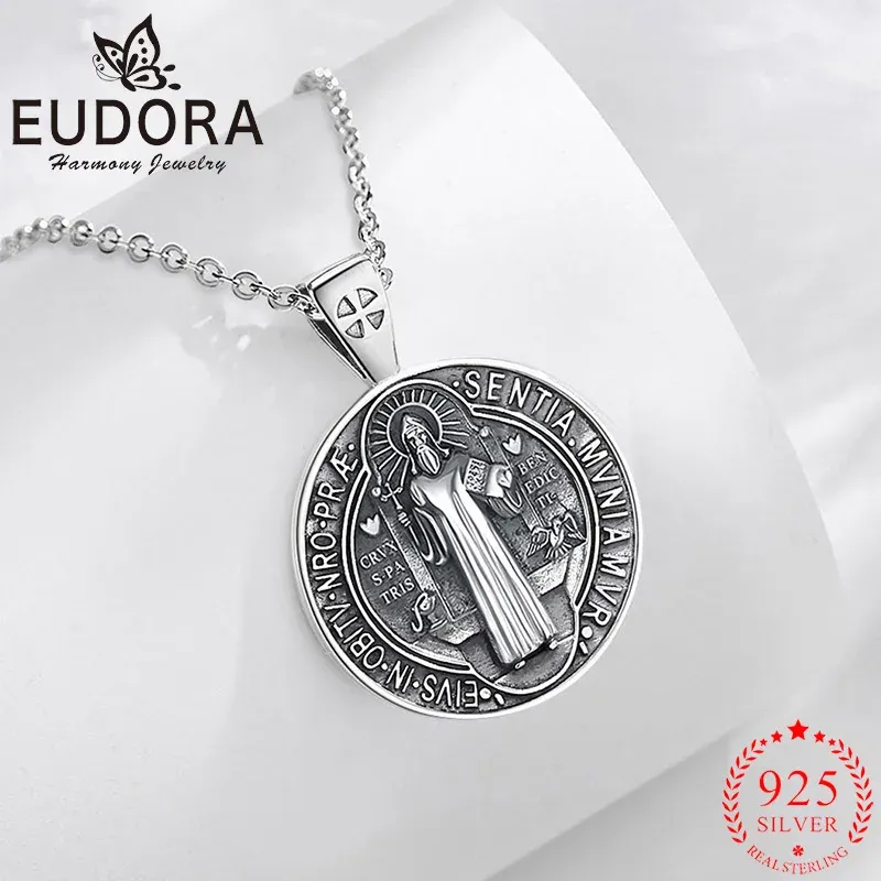 Pendants Eudora 925 Sterling Silver Saint Benedict Necklace Vintage Cross Amulet Religious Pendant Men Women Exquisite Jewelry Gift