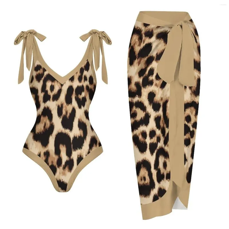 Women's Swimwear One Piece And Midi Skirt Tankini V Neck Strappy 2024 Brazil Beach Push-Up Bathing Suit Leopard Print Monokini