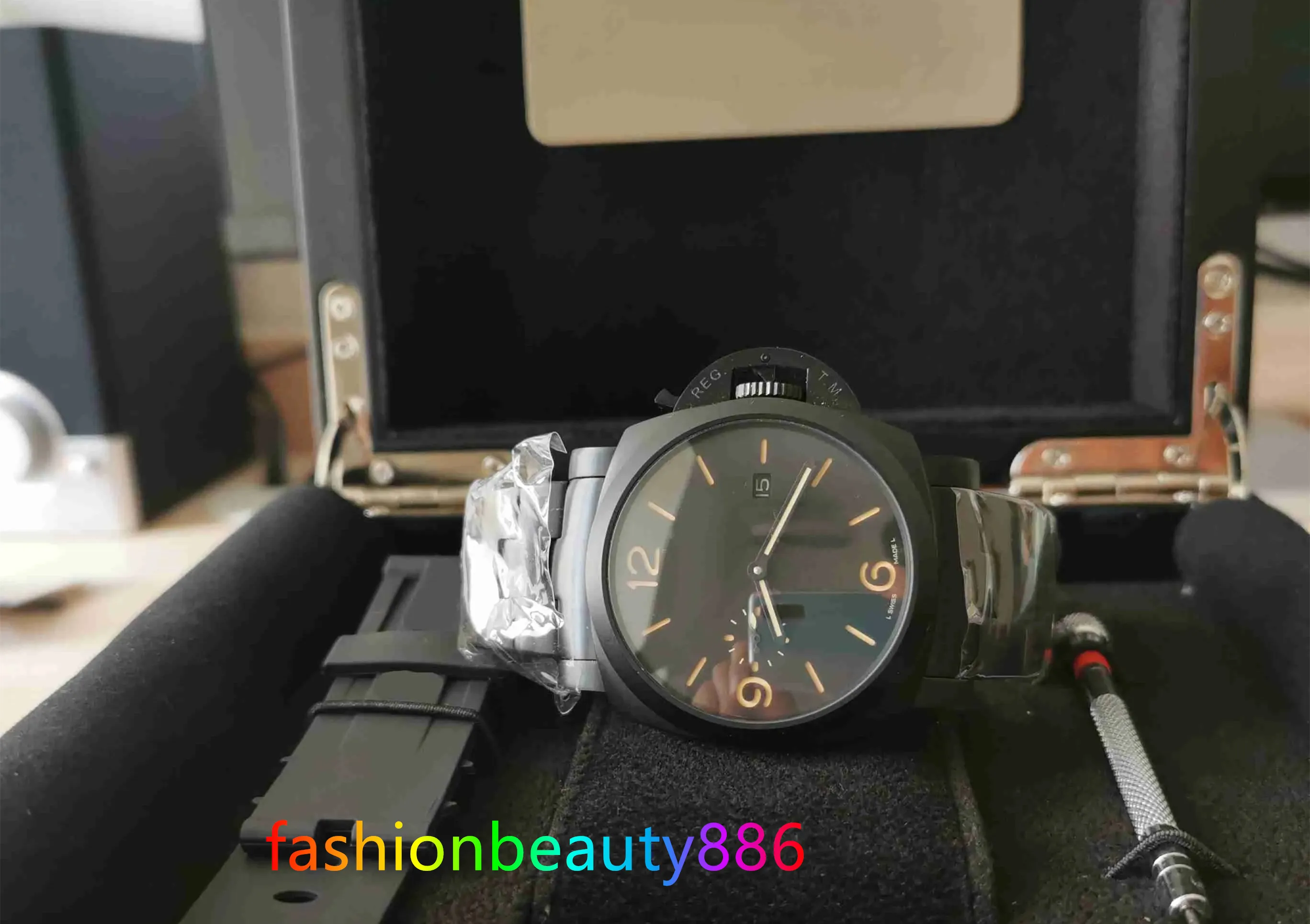 Con scatola documenti orologi da uomo di buona qualità 44mm PM 00328 nero acciaio inossidabile trasparente meccanico automatico orologio da polso da uomo