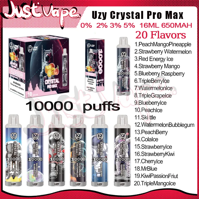 Oryginalny Uzy Crystal Pro Max 10000 Puff Ujeżdżalne E papierosy 1,2OHM Cewka z siatki 16 ml strąka akumulator do ładowania elektronicznego papierosów 10k 0% 2% 3% 5% RBG Light Vape Pen Kit