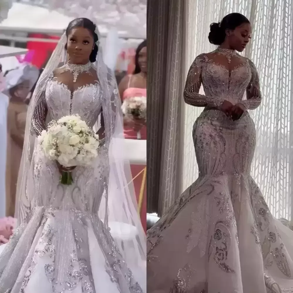 Luxury Crystals Beaded Mermaid Wedding Dresses Long Sleeves Lace Applique High Neck Sweep Train Custom Made 2024 Plus Size vestido de novia