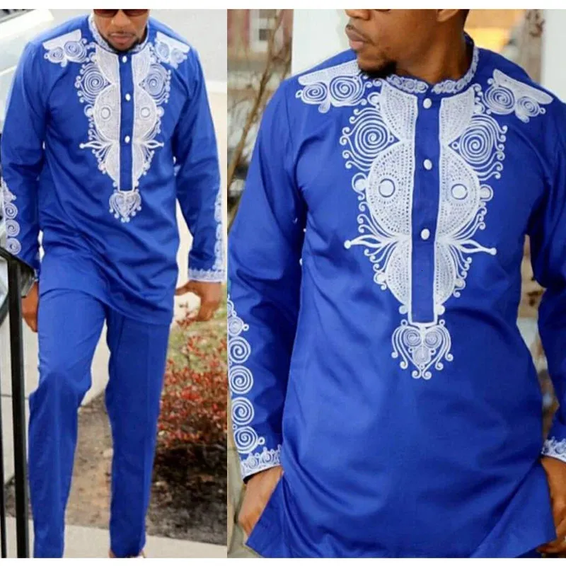 H D Dashiki Mens Top Pant 2 peças Conjunto de roupas masculinas africanas Riche Roupas africanas para homens Dashiki camisa com calças 240313