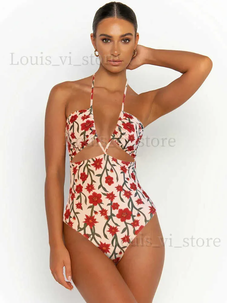 Swimwear Women Floral Print One Piece Costumes Femmes Sexe Swimwear Set Summer Swimsuit Bandage Bathing Fulling Summer Hollow Out Swimsuit T240222