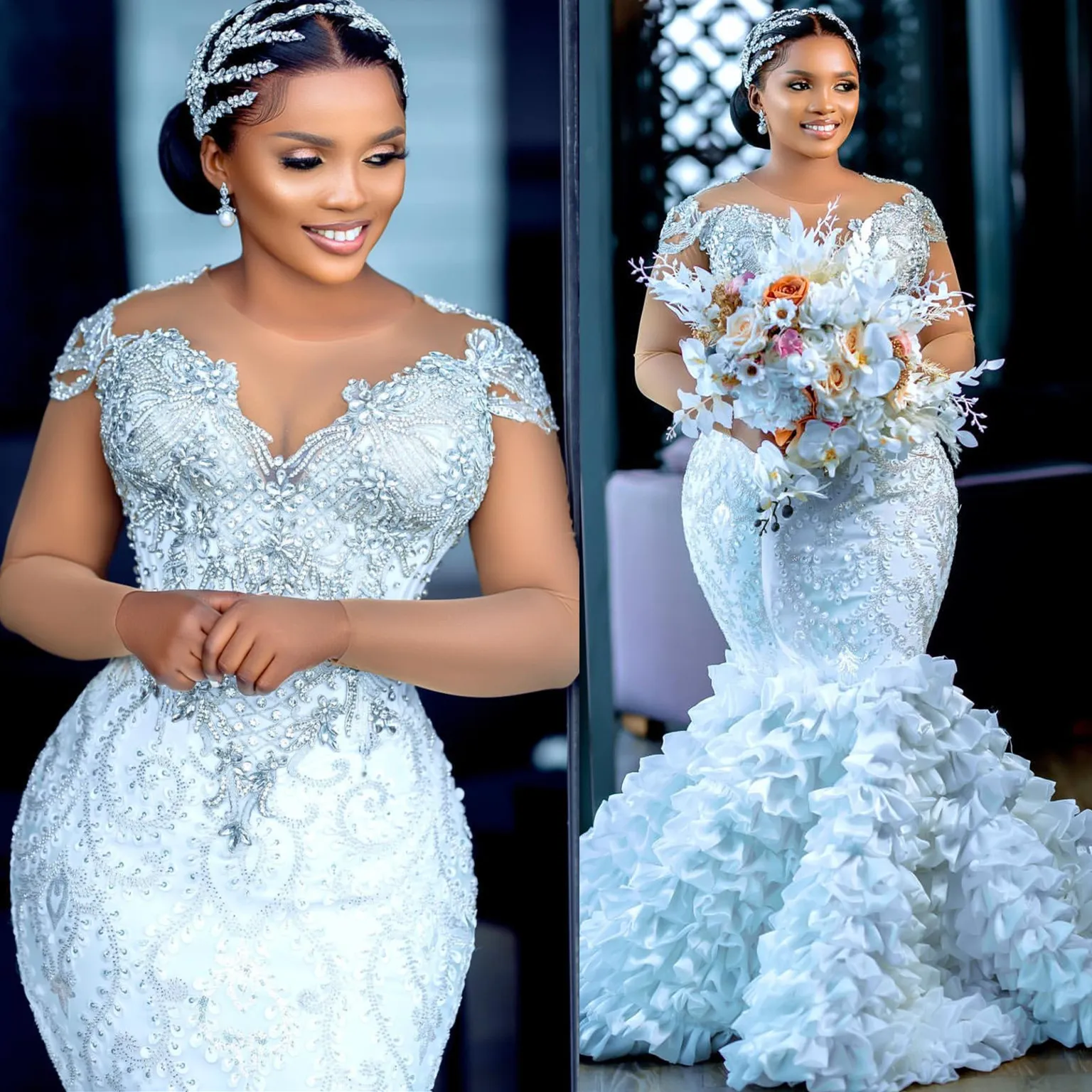 2024 Arabic Aso Ebi Plus Size Lace Beaded Mermaid Wedding Dress Crystals Tiers Satin Bridal Gowns Dresses ZJ345