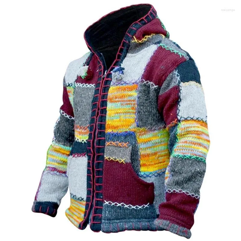 Herrenpullover Mode Patchwork Kordelzug Reißverschluss Jacke Männer Herbst Langarm Strickpullover Vintage Farbe Passende Taschen Verdickt