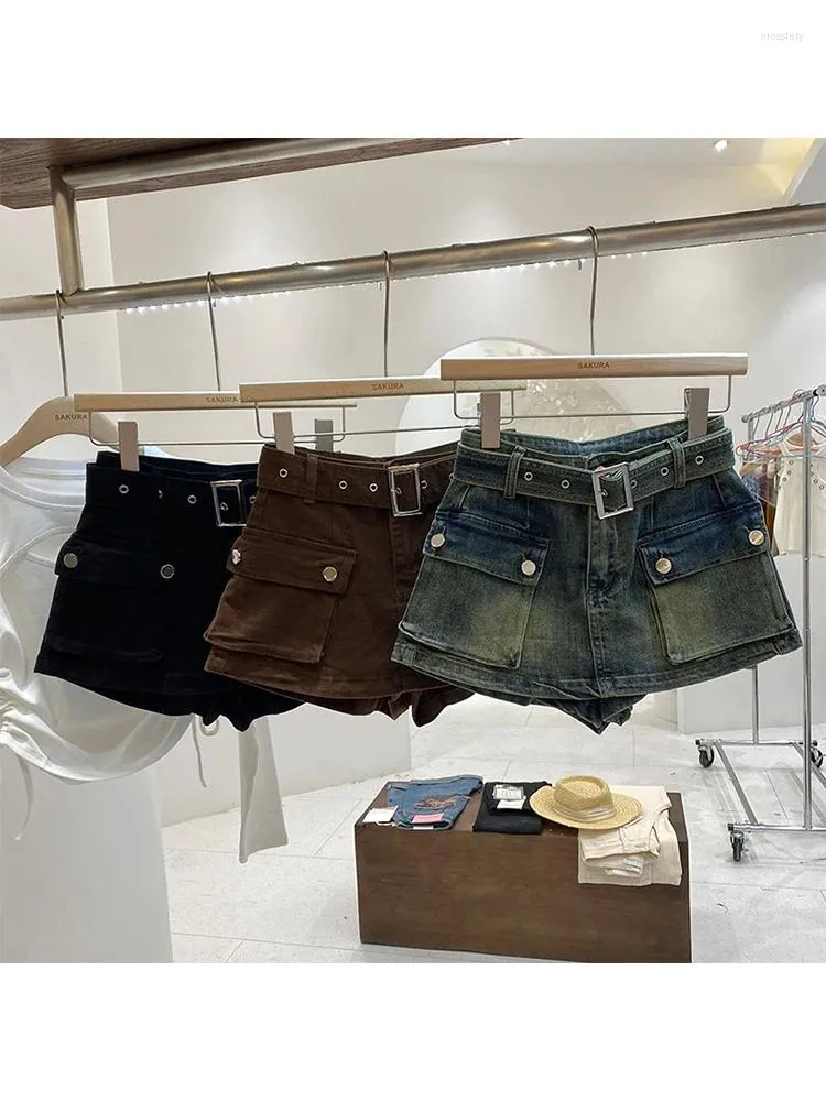 Shorts pour femmes Bleu Denim Cargo Mode Streetwear Y2k Casual Harajuku Coréen Vintage Taille Haute Jeans 2000s Vêtements 2024