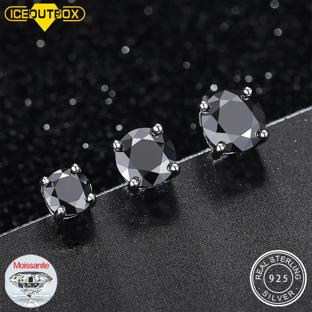 Boucles d'oreilles Véritable 0.52 Carat noir Moissanite boucles d'oreilles pour hommes femmes solide 925 en argent Sterling Solitaire diamant boucles d'oreilles rondes bijoux