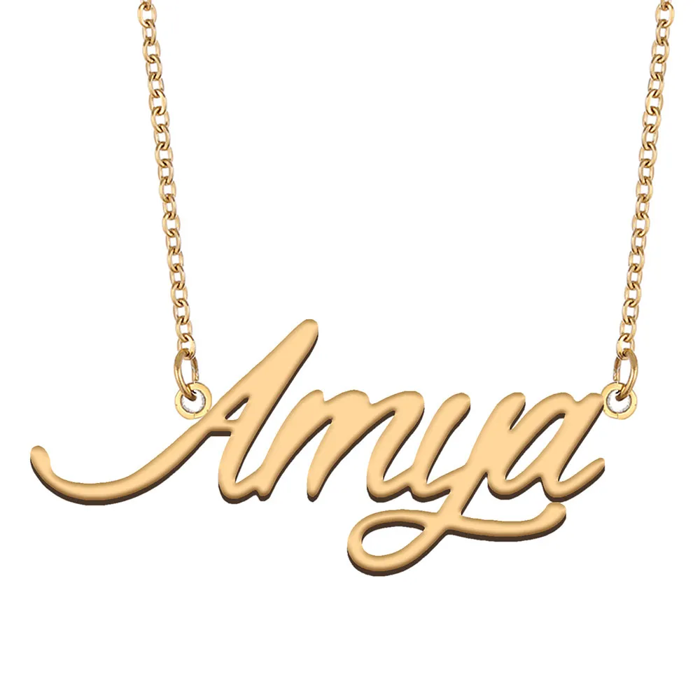 Amya nome colar personalizado placa de identificação pingente para mulheres meninas presente aniversário crianças melhores amigos jóias 18k banhado a ouro aço inoxidável