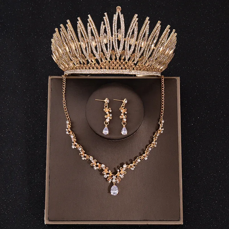 Back Gold Color Brud Smycken Set Crystal Rhinestone Tiara Crown Necklace Earring Set Women Wedding Accessories Smyckesuppsättning