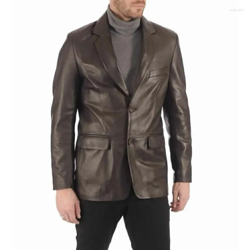 Men's Jackets Genuine Lambskin Real Leather Blazer Two Button Coat Jacket Dark Brown