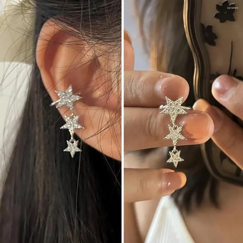 Brincos traseiros brilhantes de zircônia estrela borla manguito feminino coreano bonito elegante sem piercing clipe de orelha pentagrama brinco gota y2k joias casamento