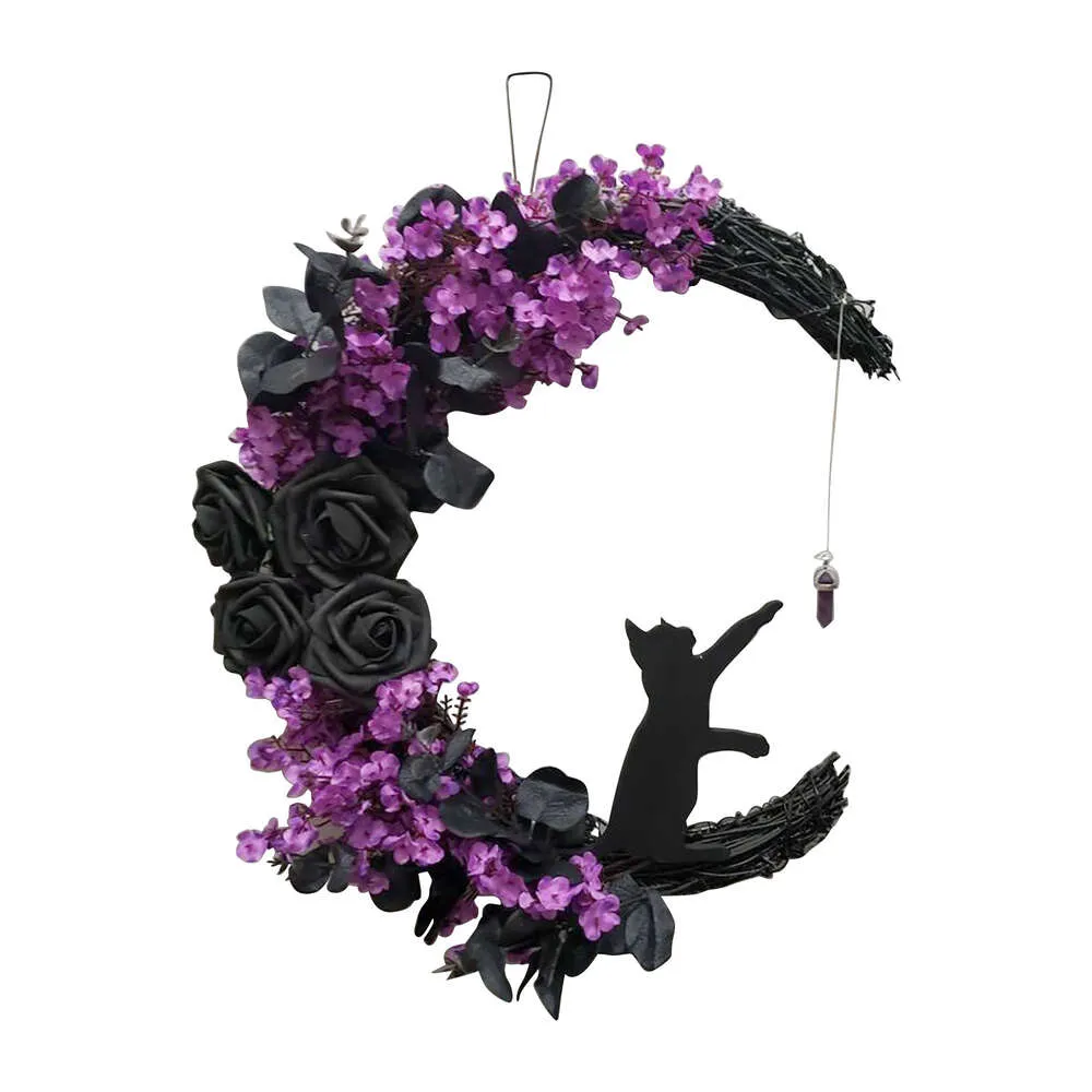 Nova decoração de festa guirlandas de porta em forma de lua decorações de Halloween sinal de boas-vindas rosas góticas gatos pretos guirlanda ornamento de porta frontal sinais de Halloween