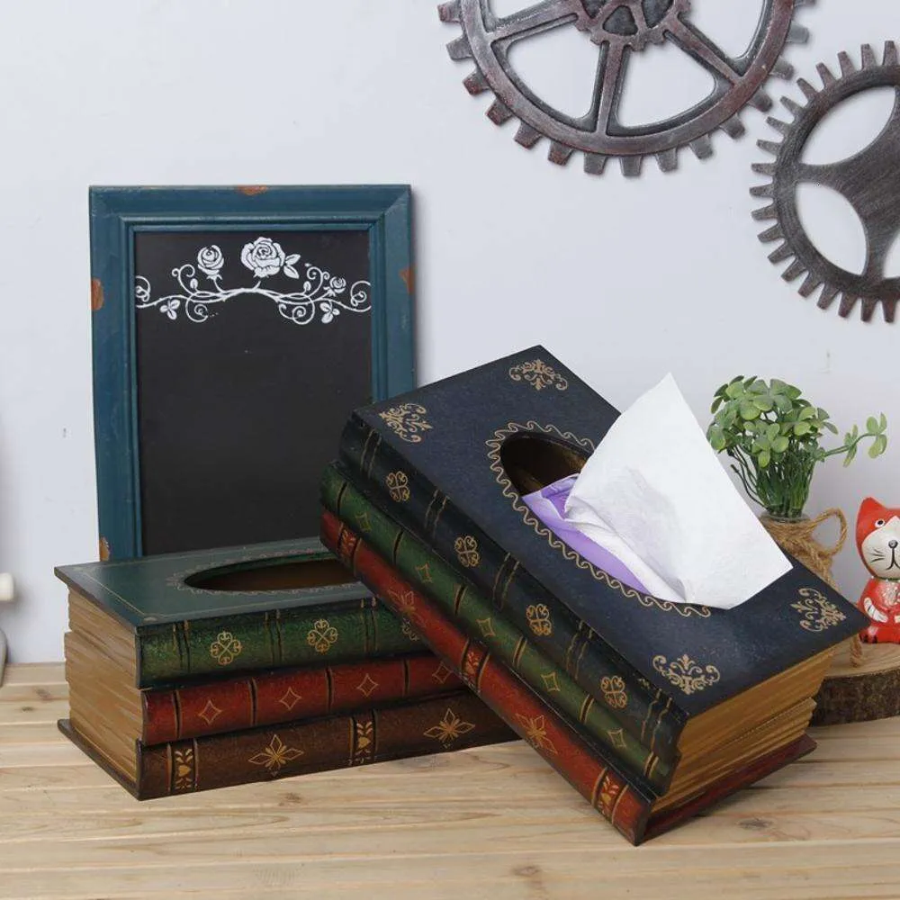 New Tissue Boxes Napkins Retro Wood Book Shape Tissue Box Rectangle Napkin Paper Holder Ring Tissue Storage Box Case