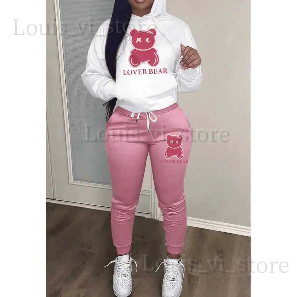 سراويل من قطعتين للسيدات 2024Lovely Bear Letter Print Kangaroo Pocket Tracksuit مجموعة طويلة الأكمام HoodiedRawstring سراويل النساء قطعتين مطابقة بدلات T240222