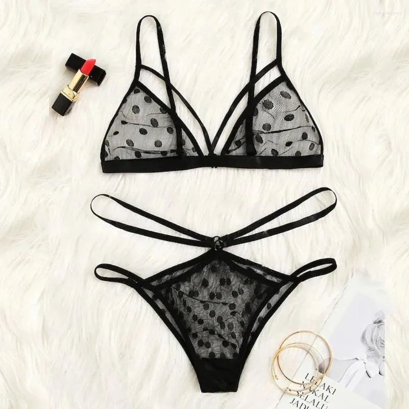 Conjuntos de sutiãs moda polka dot mulheres lingerie sexy renda sem costas sutiã tanga sleepwear conjunto transparente fino leve roupa interior