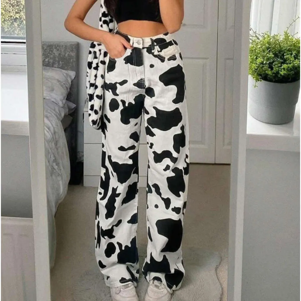 Street Style Women's Clothing 2024 Summer Trendy Brand Cow Print High Waisted Straight Leg Casual Jeans and Floor Mop Pants