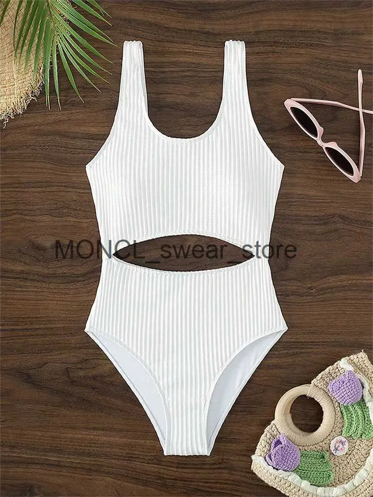 Maillots de bain pour femmes Sexy blanc une pièce maillot de bain 2023 femmes solide côtelé creux dos nu été maillot de bain ventre contrôle monokinih24222