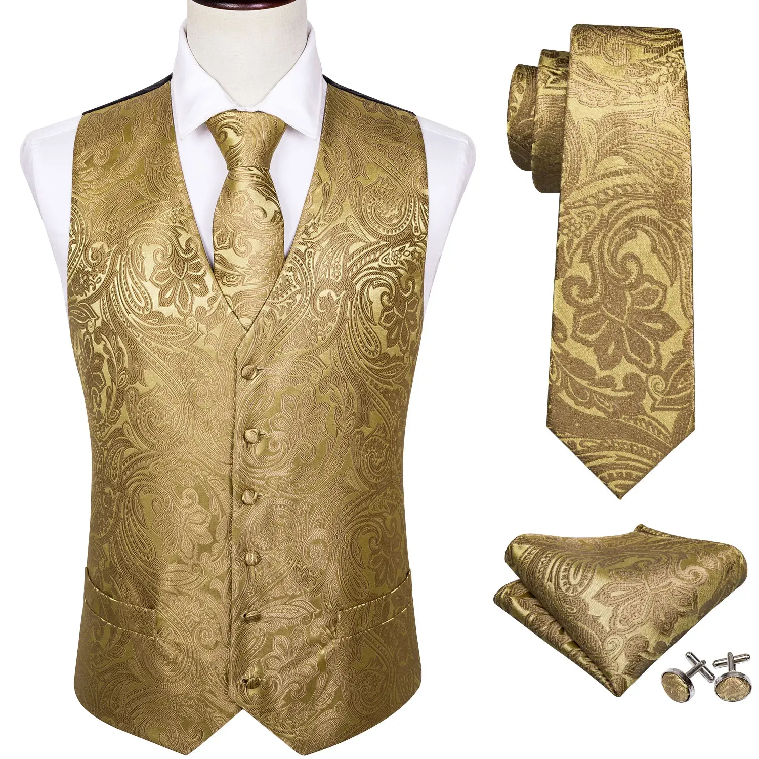 4-teiliges goldenes Herren-Weste-Set für Party, Hochzeit, Taschentuch, Krawatte, klassisches Paisley-Blumenmuster, Jacquard, Einstecktuch, Krawatte, Anzug-Set