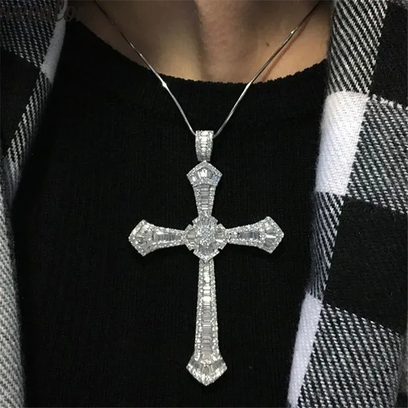 Ciondoli Vecalon Ciondolo croce lunga di lusso di lusso in argento sterling 925 5A Cz Collana con ciondolo croce in pietra per donna uomo Gioielli da sposa per feste