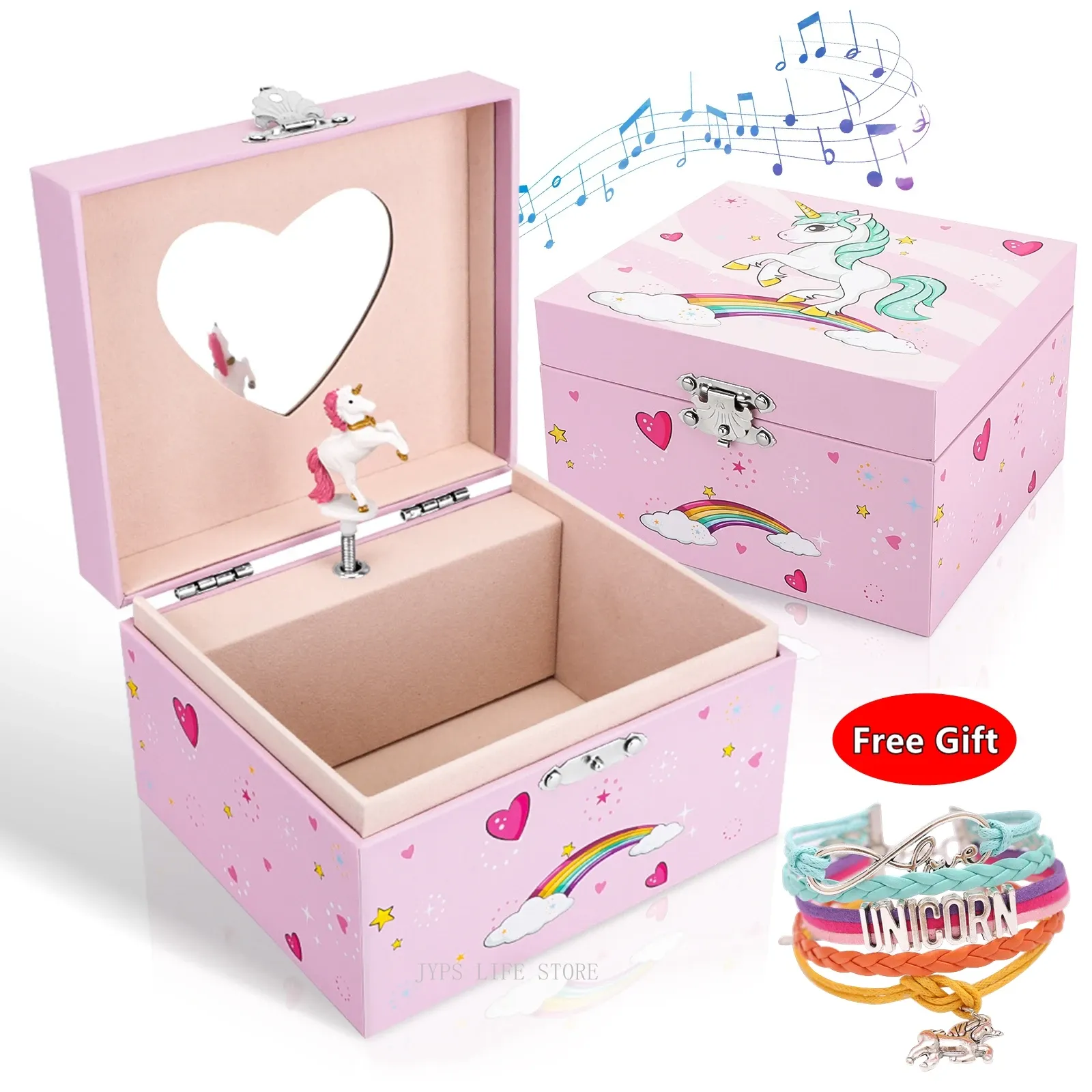 Outils Cadeaux pour enfants Boîte à musique licorne mignonne Boîte de rangement de bijoux musicaux pour filles avec décoration de chambre à coucher licorne rotative Cadeau de bracelet gratuit