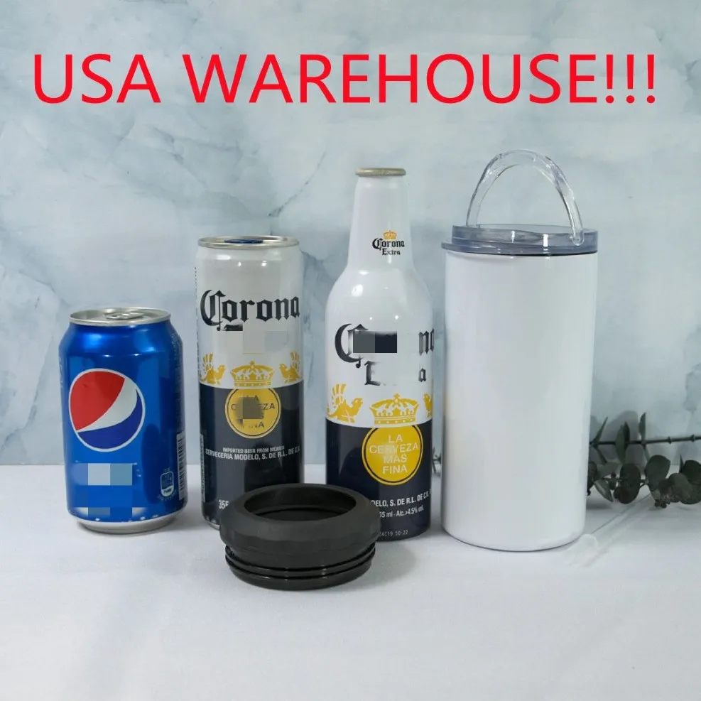 local warehouse sublimation 4 in 1 tumbler with 2 lids DIY blank cooler 16oz straight tumbler can cooler Stainless Steel mug be239G