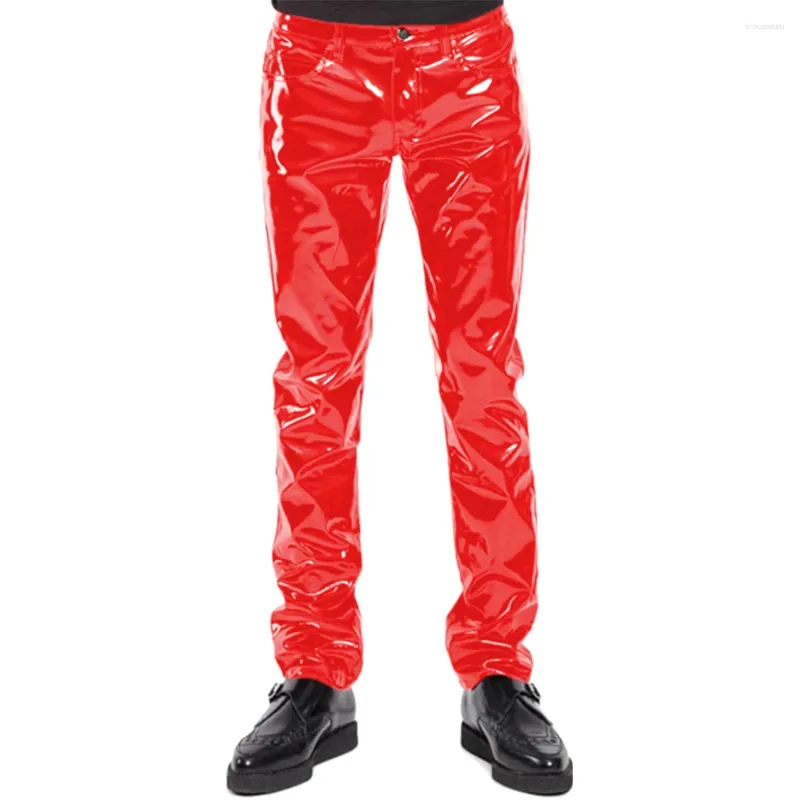 Mens Punk Faux Leather Pants Glossy PVC Trousers, Motorcycle