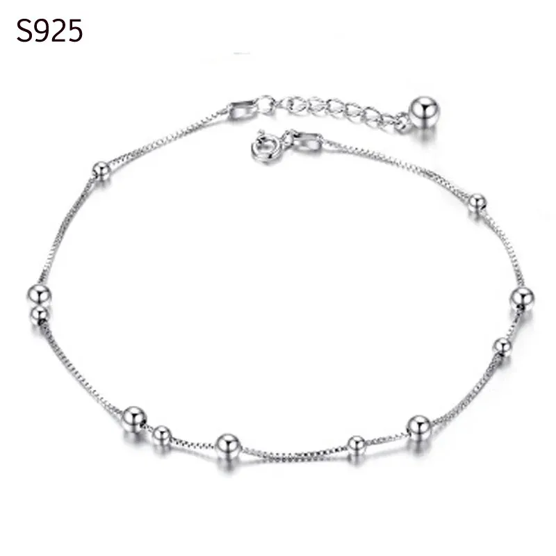 Anklets Genuine Real Pure Solid 925 Sterling Silver Anklets for Women Beach Jewelry Bohemian Round Ball Beads Female Foot Anklet Chain