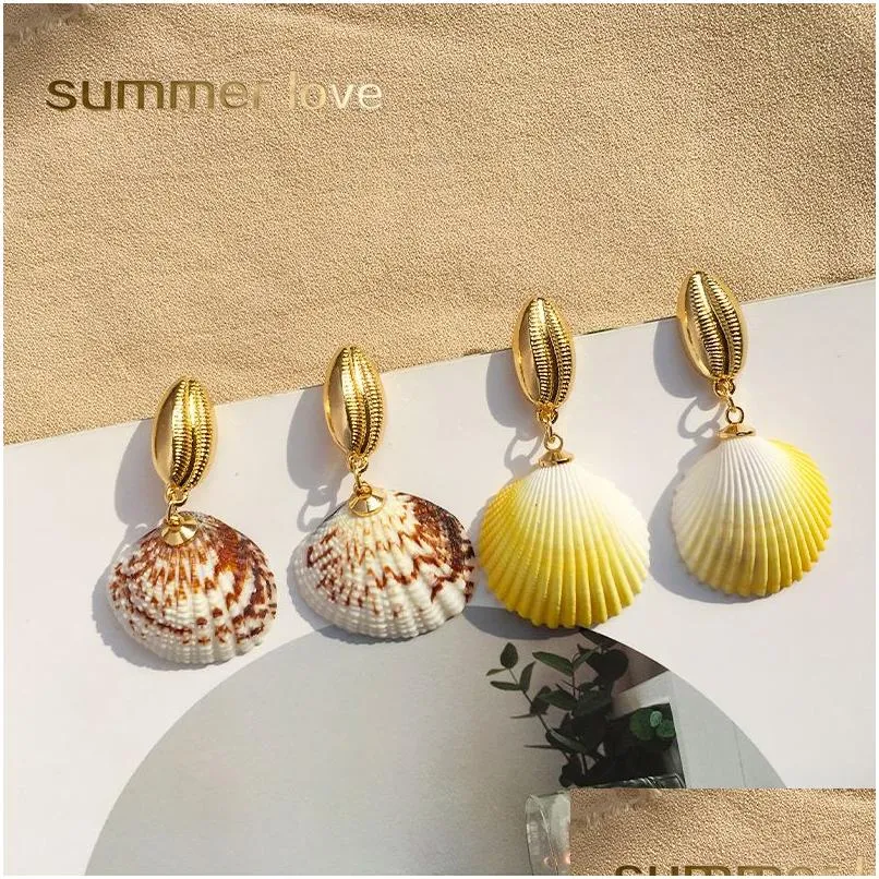 Dangle & Chandelier Fashion Colorf Natural Shell Dangle Earring For Women Boho Gold Plating Alloy Hoop Summer Beach Jewelry Dhgarden Dhvib