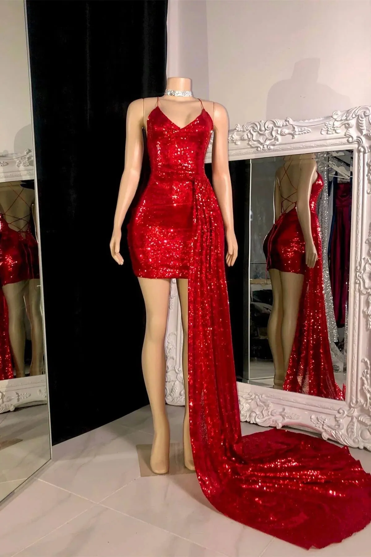 Sleeveless Red Prom Dress with a Detachable Train Sparkle Sequined Sheath Mini Short Cocktail Dress Mermaid Evening Gowns Club Dress