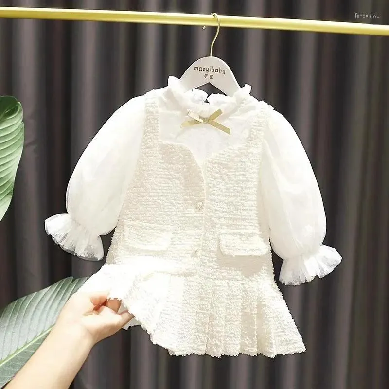 Vestidos de menina conjunto de vestido de menina de bebê manga longa falsa duas peças princesa pequena roupa primavera e outono