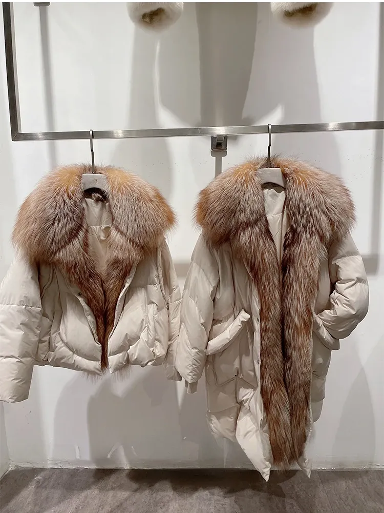 Chaquetas OFTBUY-Chaqueta de invierno para mujer, abrigo de piel auténtica, chaqueta de plumón de terciopelo blanco, cuello de piel de zorro de gran tamaño, piel larga gruesa, nuevos de abrigo 2022