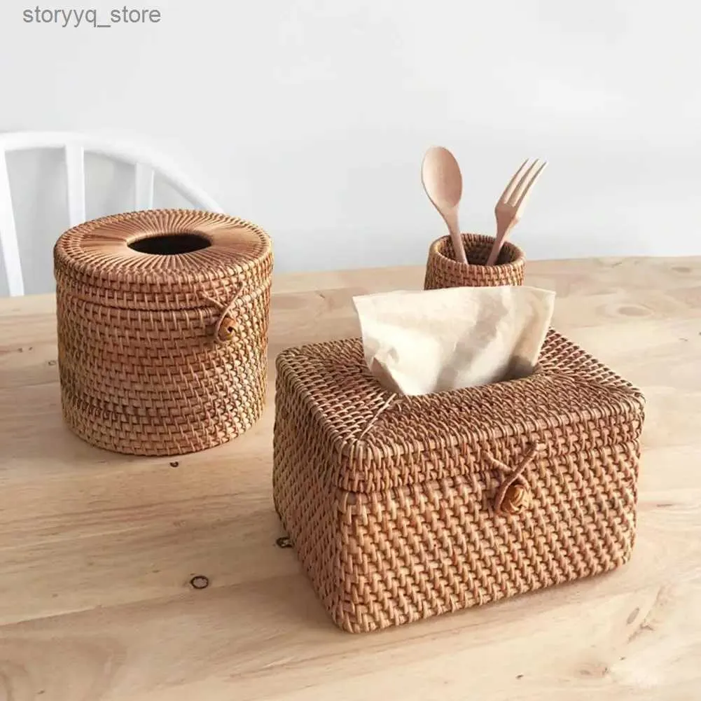 Tissue Boxes Napkins Good Paper Container Rattan Tissue Box Retro High Toughness Rectangular Facial Tissue Holder Q240222