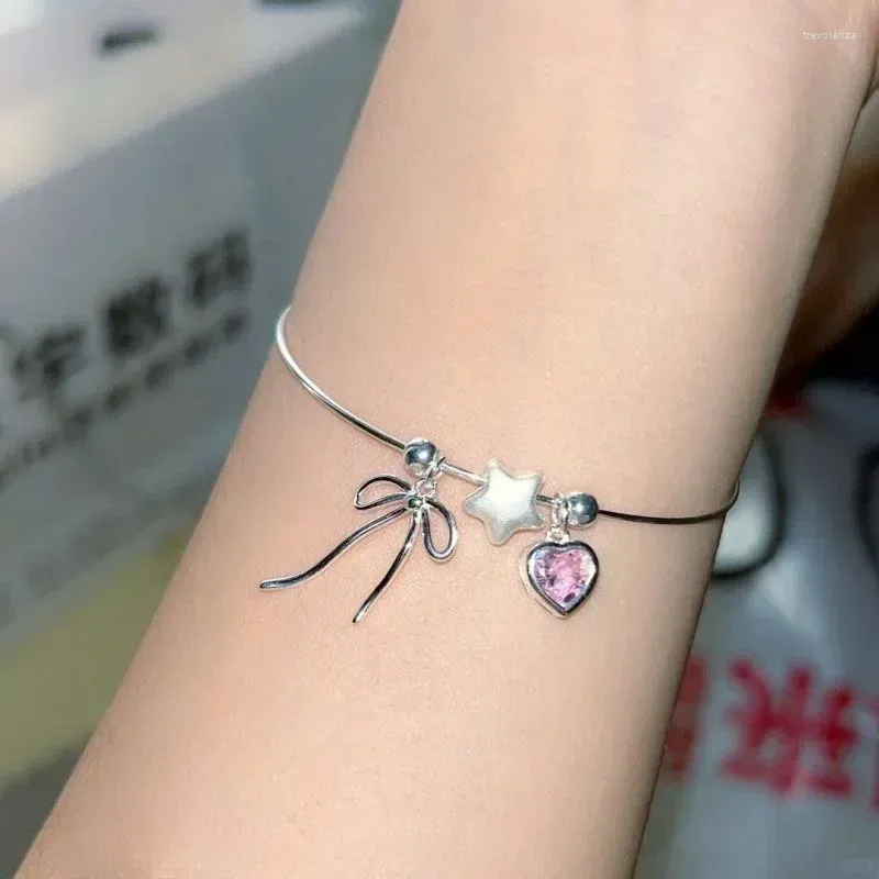 Bangle Coreano Moda Estética Y2K Rosa Cristal Zircon Coração Bowknot Estrela Pingente Pulseira Para Mulheres Menina Bonito Jóias Presente de Aniversário