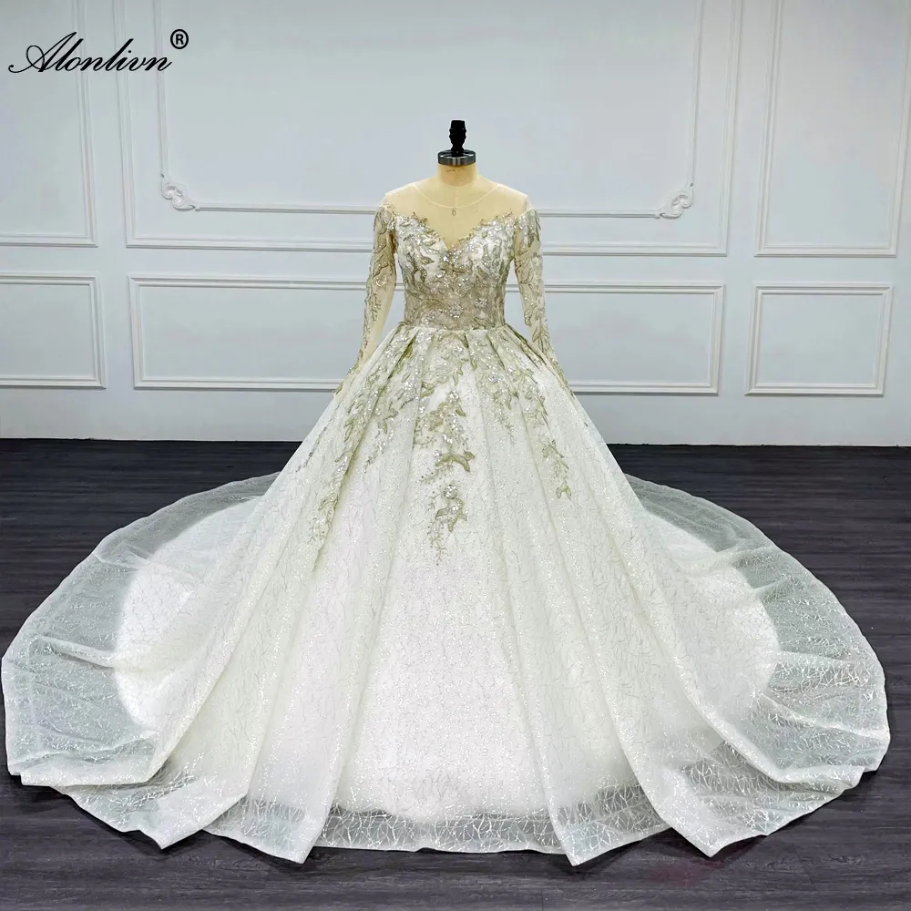 Alonlivn Lustrous Lace A-Line Wedding Suknie ślubne Pearki haftowe koronkowe pełne rękawy Białe kości słoniowej błyszczące suknie ślubne