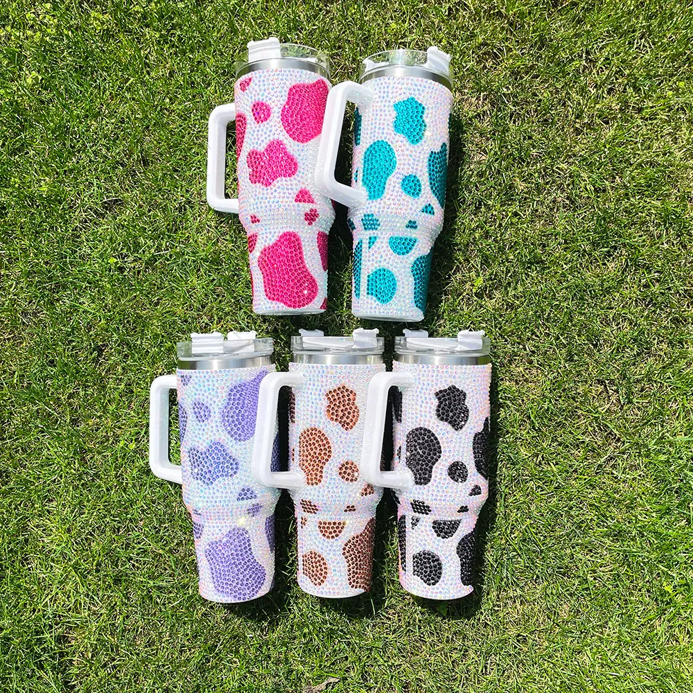 USA warehouse in stock large capacity 40oz cow print rhinestone bling studded vacuum insulated stainless steel drinking tumblers water bottle with lid and straw