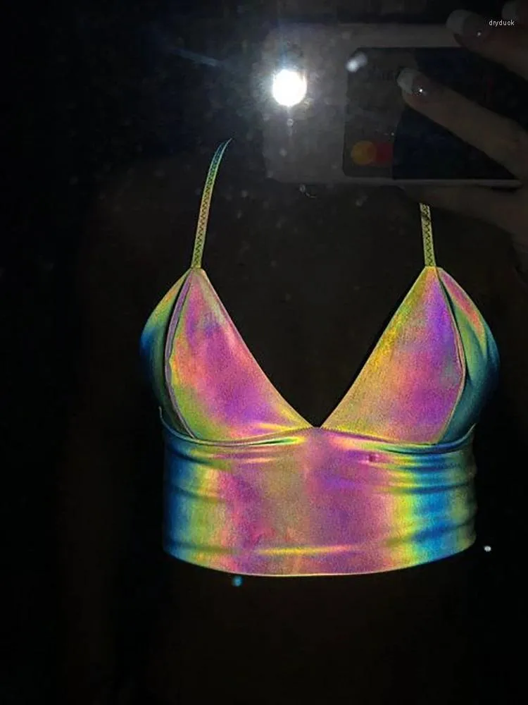 Women's Tanks Women V Neck Sexy Holographic Bralette Crop Top Strap Reflective Fashion Camis Summer 2024 Sleeveless Backless Tank Tops