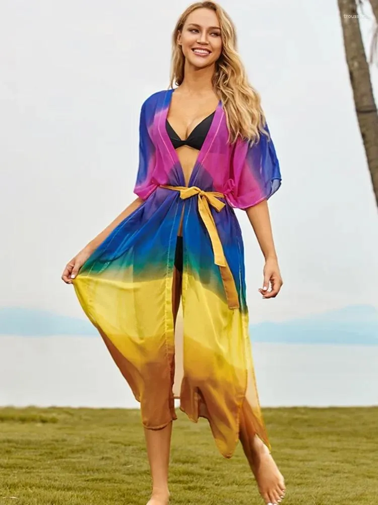 Women's Swimwear Bohemian Chiffon Colored Kimono For Women Beach Bathing Suit Cover Ups Long Dress Plus Size Beachwear CardiganQ1180