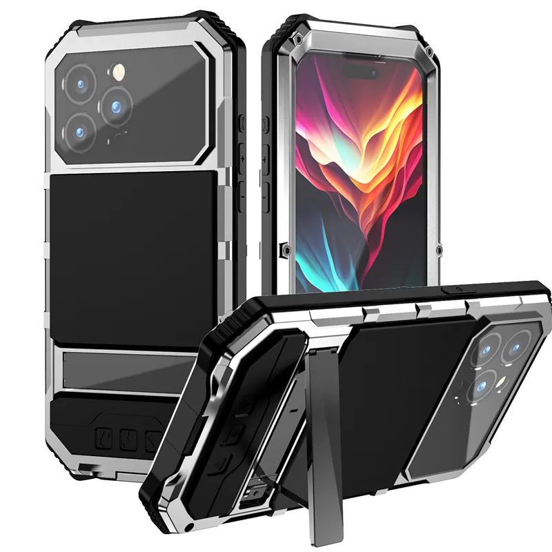 iPhone 15 Pro Max Samsung Galaxy S23 S22 S24 Ultra Full Protective Metal Bracket Shell 지원 무선 충전을위한 야외 스포츠 알루미늄 합금 전화 케이스.