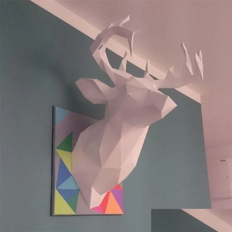 Objets décoratifs Figurines Tête de cerf Trophée Papercraft Modèle de papier 3D 3 couleurs Géométrique Origami Scpture pour la décoration murale Déco Dhnjs