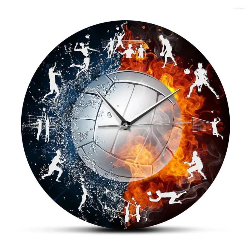 Orologi da parete Fuoco e acqua Palla da pallavolo Orologio Gioco sportivo Soggiorno Decorazioni artistiche Appeso Orologio silenzioso Swept Regalo della squadra